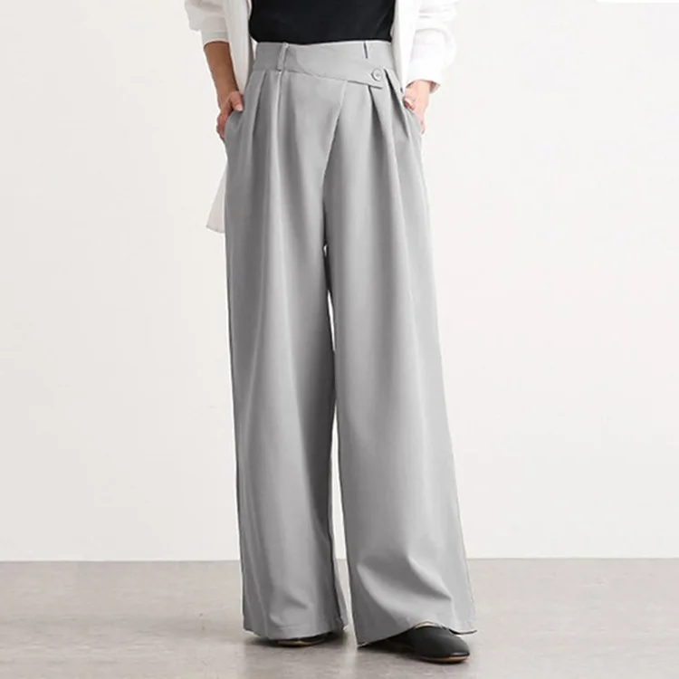 Irregular Button Pant For Women High Waist Solid Straight Wide Leg Trousers Office Lady Clothing 2024 Autumn New