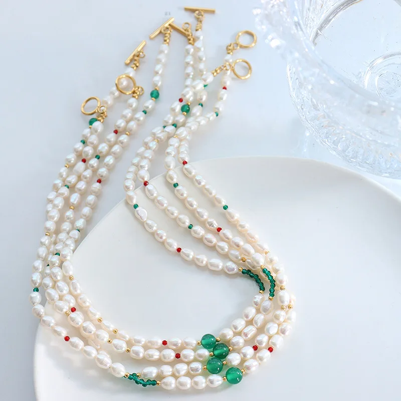 

Natural Freshwater Pearl Necklace for Women Green Glass Stone Beaded Chain Stainless Steel Pendant Girl Luxury Jewelry