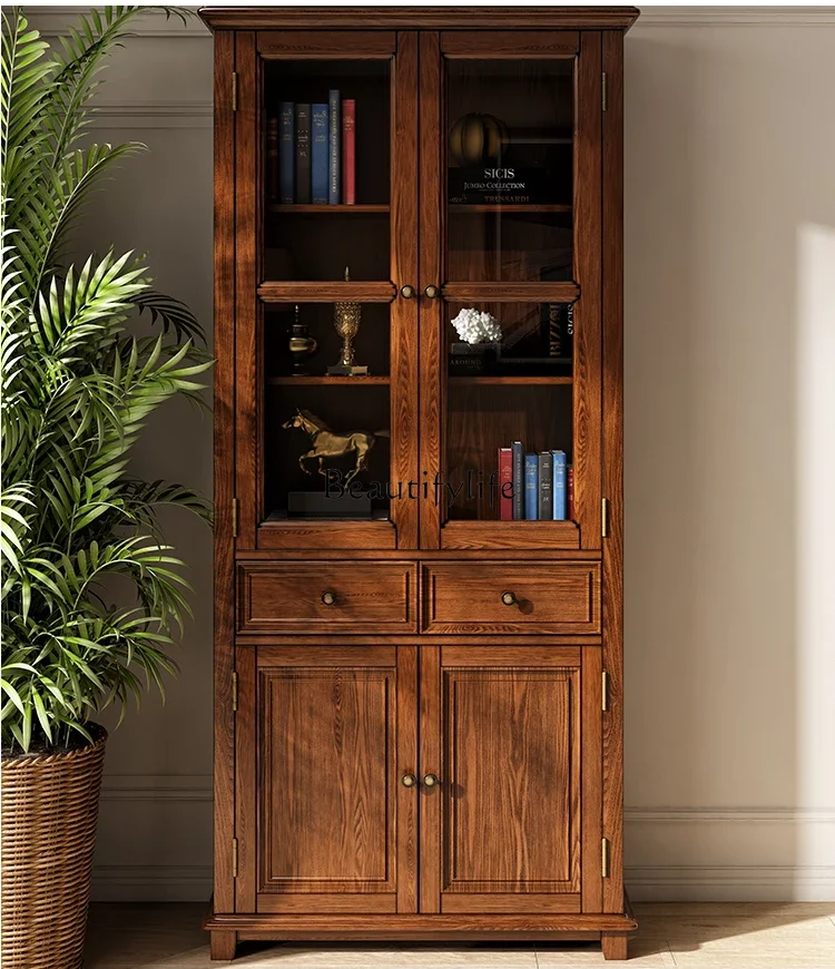 

American rural double door bookcase solid wood with glass wine cabinet multi-functional storage