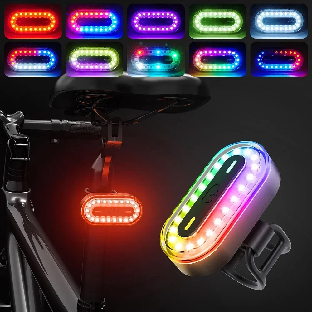 RGB Colorful Bike Light 600 Mah 14 Modes Bicycle Rear Taillight Type C Charge IPX6 Waterpoof Bike Lamp with Memory Mode