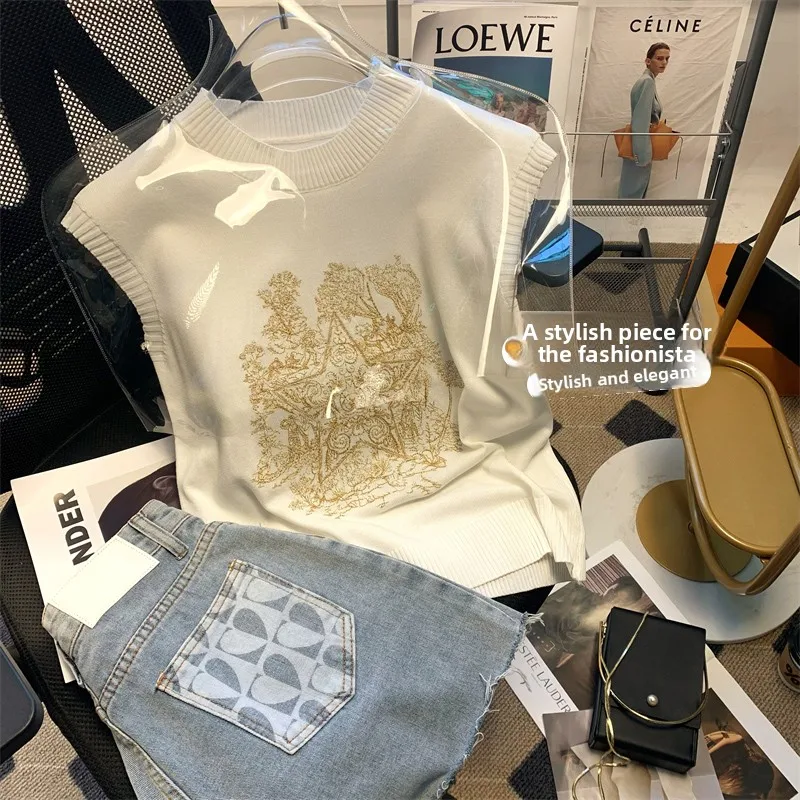 White Embroidered Knitted f High Collar Svel Unique Top Super Cute Anti-Aging Base irt Faionable Commute Sle S...