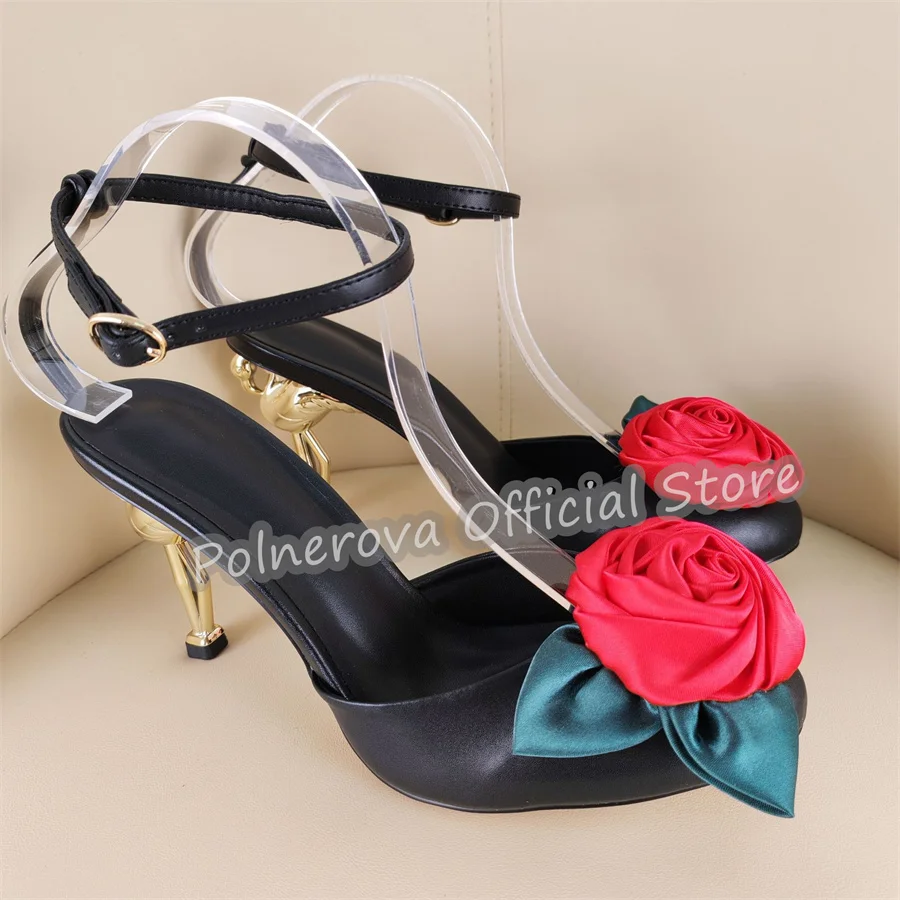 Flamingo Design High Heel Women Buckle Strap Pumps Mixed Color Rose Decor Shallow Party Dress Shoes Lady Gladiator Sandals