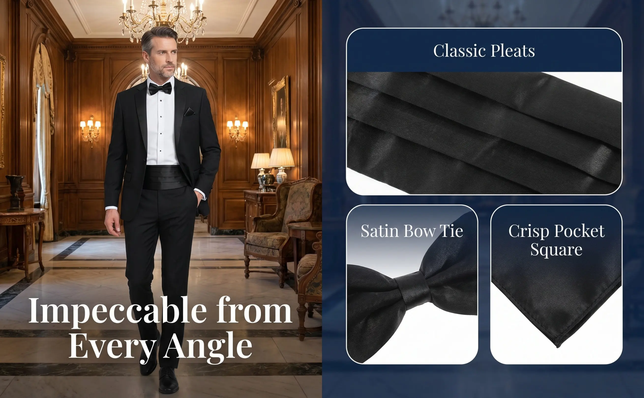 3Pcs Men's Cummerbund Bow Tie Pocket Hanky Set Black Satin Formal Evening Wear Tuxedo Prom Wedding Party Adjustable Clip