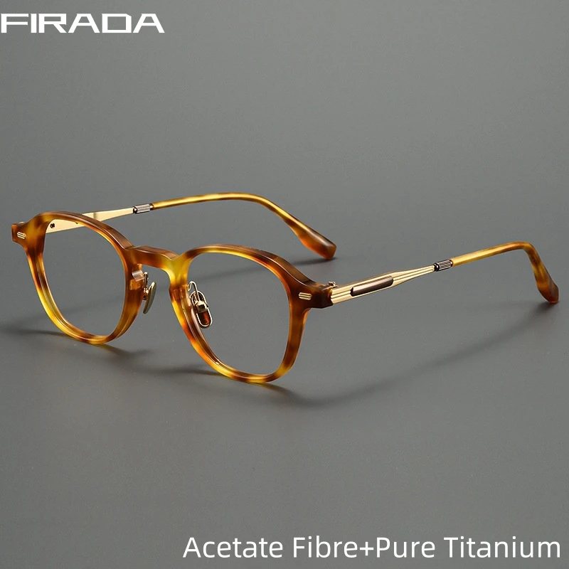 

FIRADA Fashion Round Acetate Glasses Women Vintage Pure Titanium Eyeglasses Optical Prescription Eyewear Frame For Men BT55007-C