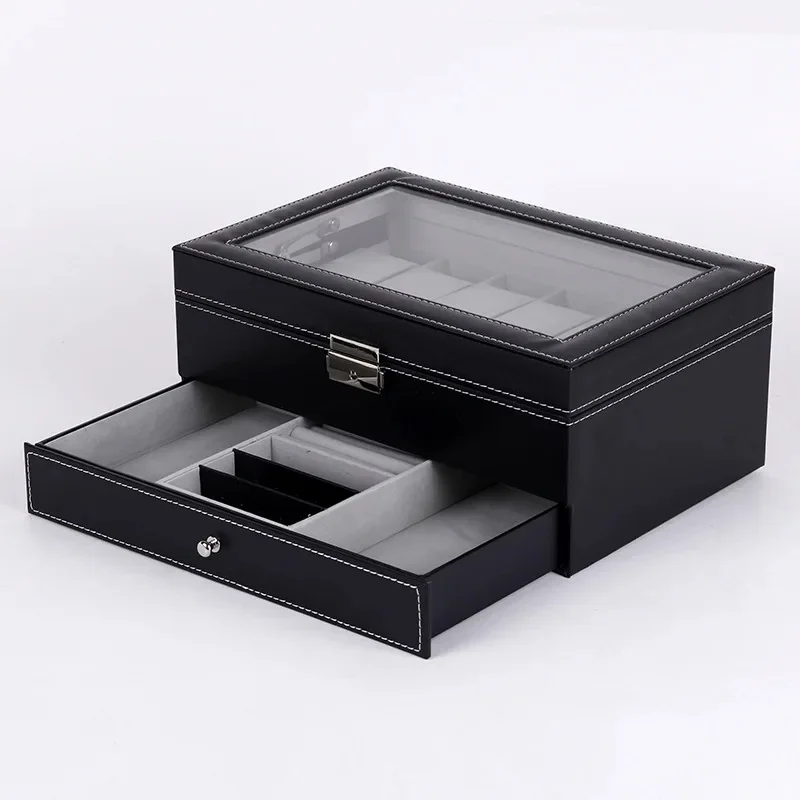 Lockable Double-Layer PU Leather Watch & Jewelry Storage Case, 12-Slot Watch Display Organizer for Men & Women