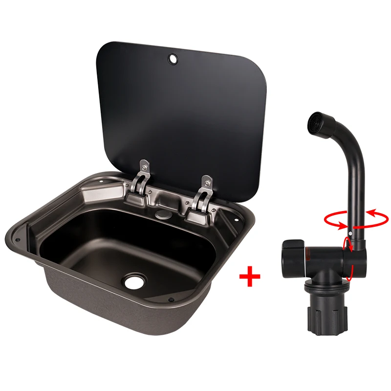 Stainless Steel RV Kitchen Sink with Foldable Faucet, 304 Steel & Tempered Glass Cover | Wholesale