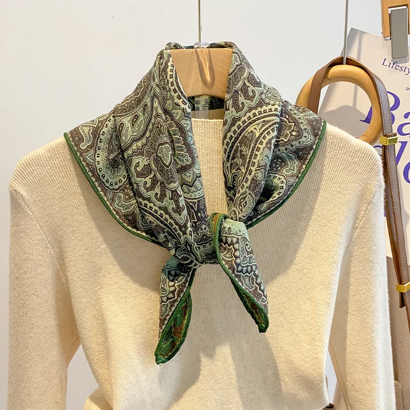 Women Neck Scarf Luxury Brand Rolled Hems Silk Wool Scarfs Double Side Paisley Square Warm Hair Bandanas Cashmere Pashmina 65CM