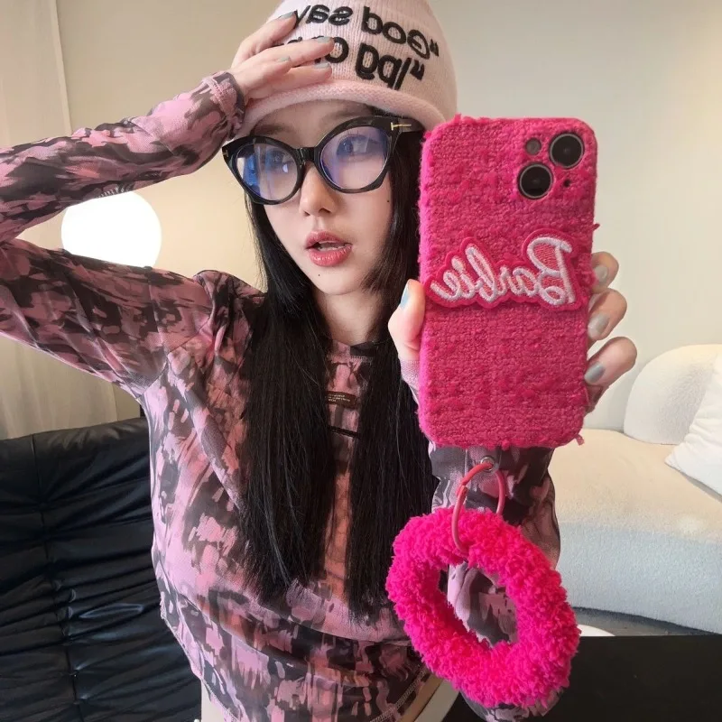 Kawaii Barbie Flannelette Rose Red IPhone Protective Shell MINISO Anime Applicable To Iphone 16/15/14/13Promax Lovely Girl Gift