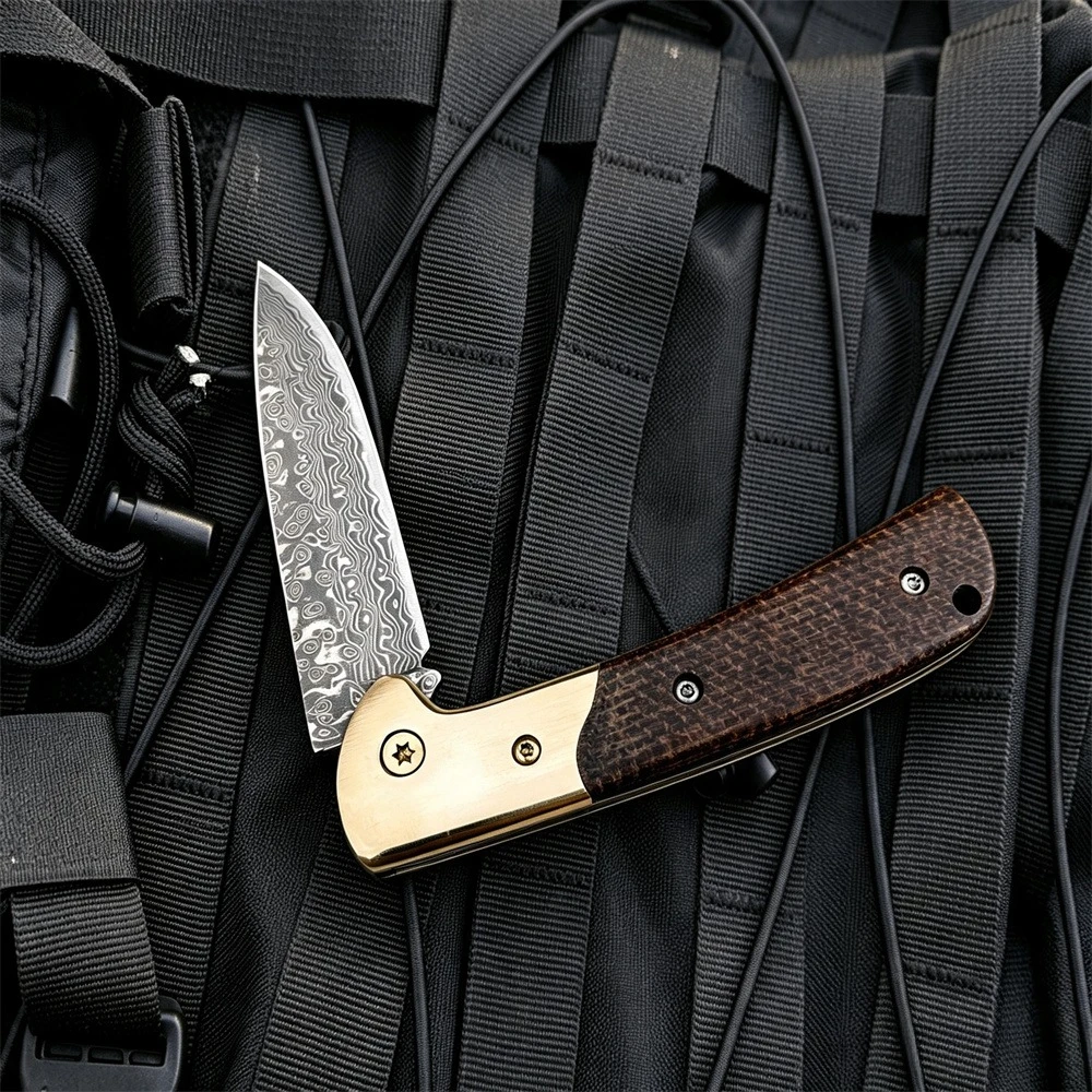High-Quality Damascus Steel Pocket Folding Knife  Brass + Micarta Handle Ideal, Camping, and As A Personal Outdoor Hiking Gift