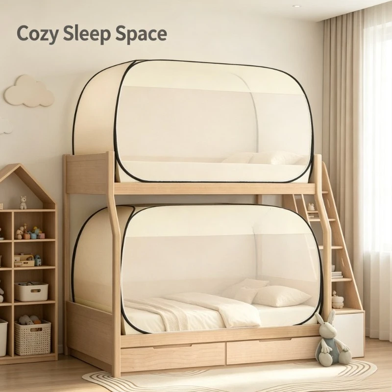 Beige Cartoon Print Bed Canopy Privacy Blackout Curtain for Bunk Bed Single Bed No Assembly Required