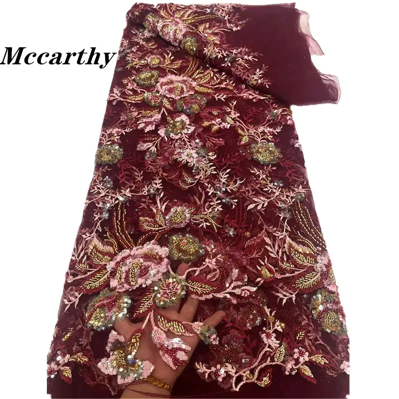 

Африканская кружевная ткань Mccarthy, 2021, высокое качество, французский 3D цветок, блестки, вышивка бисером, тюль, кружевная ткань для праздничного платья