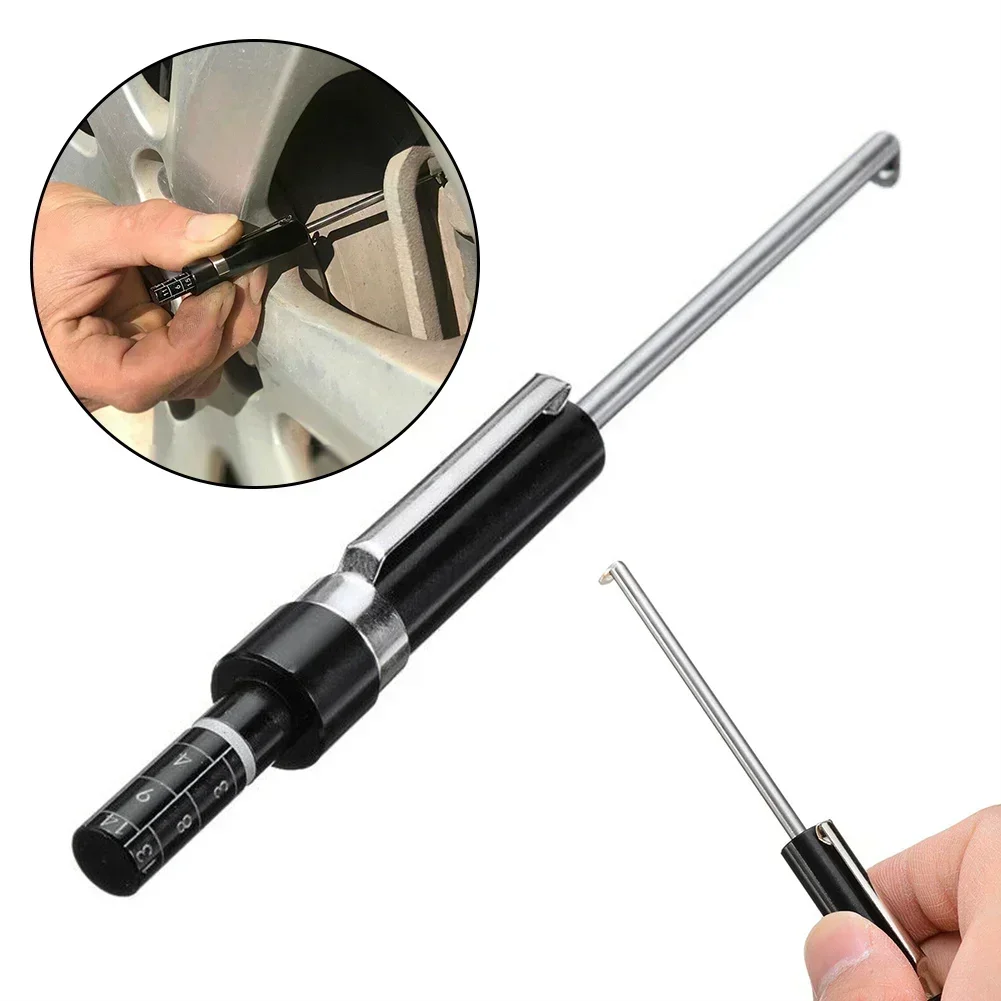 Vehicle brake pad thickness testing tool, featuring compact size and calibration marks, is used for precise measurement of brake