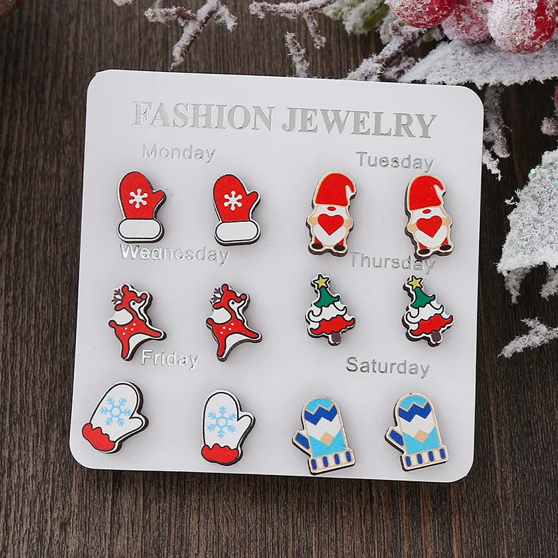 3/6 Pair Christmas Studs Earrings Set For Women Cute Santa Claus Elk Snowman Xmas Tree Wooden Earrings New Year Jewelry Gift