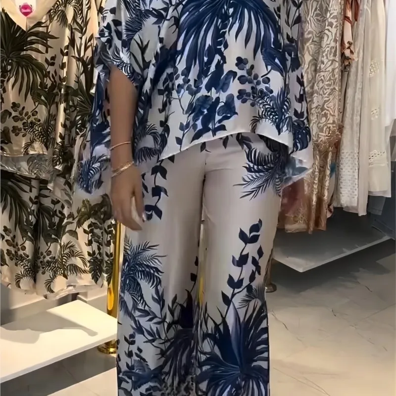 2 Pcs/Set Blouse Pants Set Short Sleeves Floral Print Dolman Sleeve Wide Leg Loose Elastic Waist Trousers Casual Outfit Woman