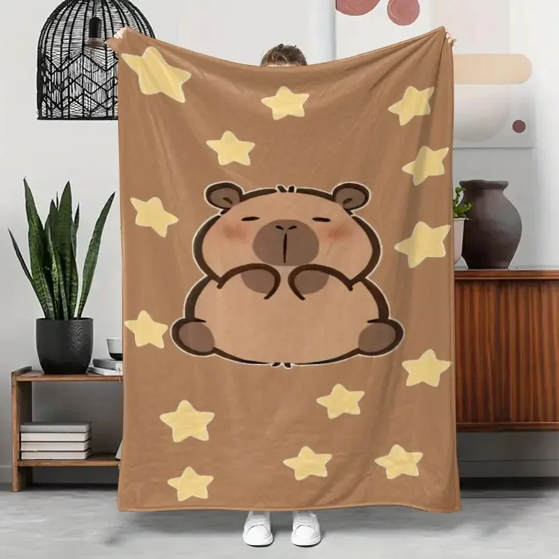 Cute Capybara Star Blanket Single Sided Print Flannel Soft Fluffy Warm Blanket Bedroom Living Room Sofa Cozy Vibe Accessory Gift