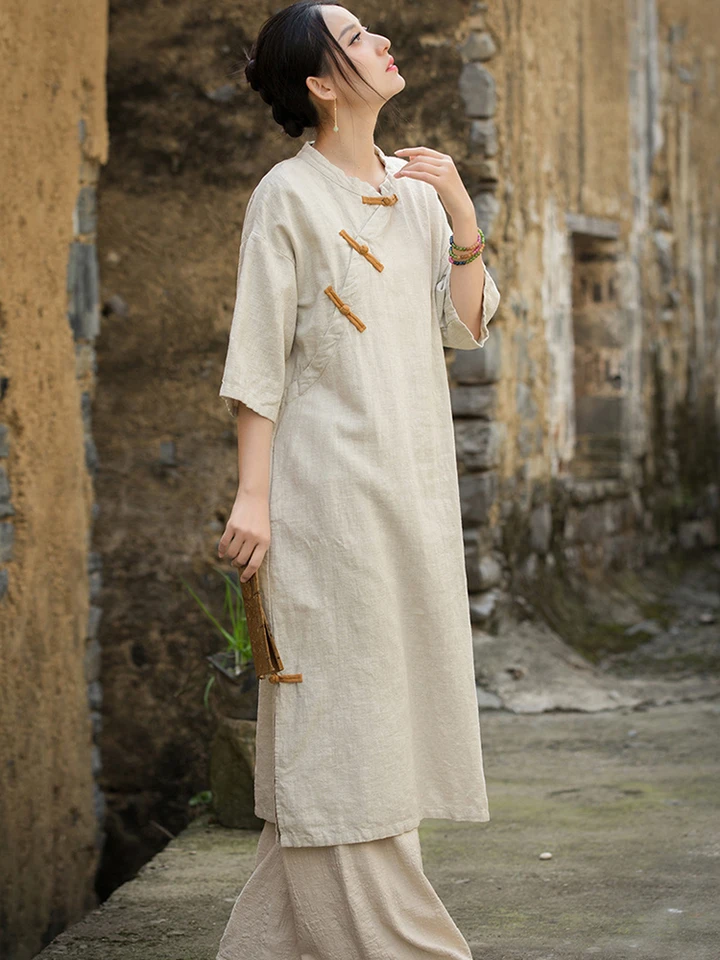Chinese Style Women Cotton Linen Casual Dress New Arrival 2025 Summer  Vintage Mandarin Collar oose Female Long Dresses M1258 - AliExpress  200000345