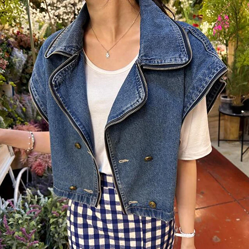 

Korean style Vintage Women All-match Lapel Femme Jacket Zipper Double-Tops Spring Summer Loose Short Sleeve Denim Vest