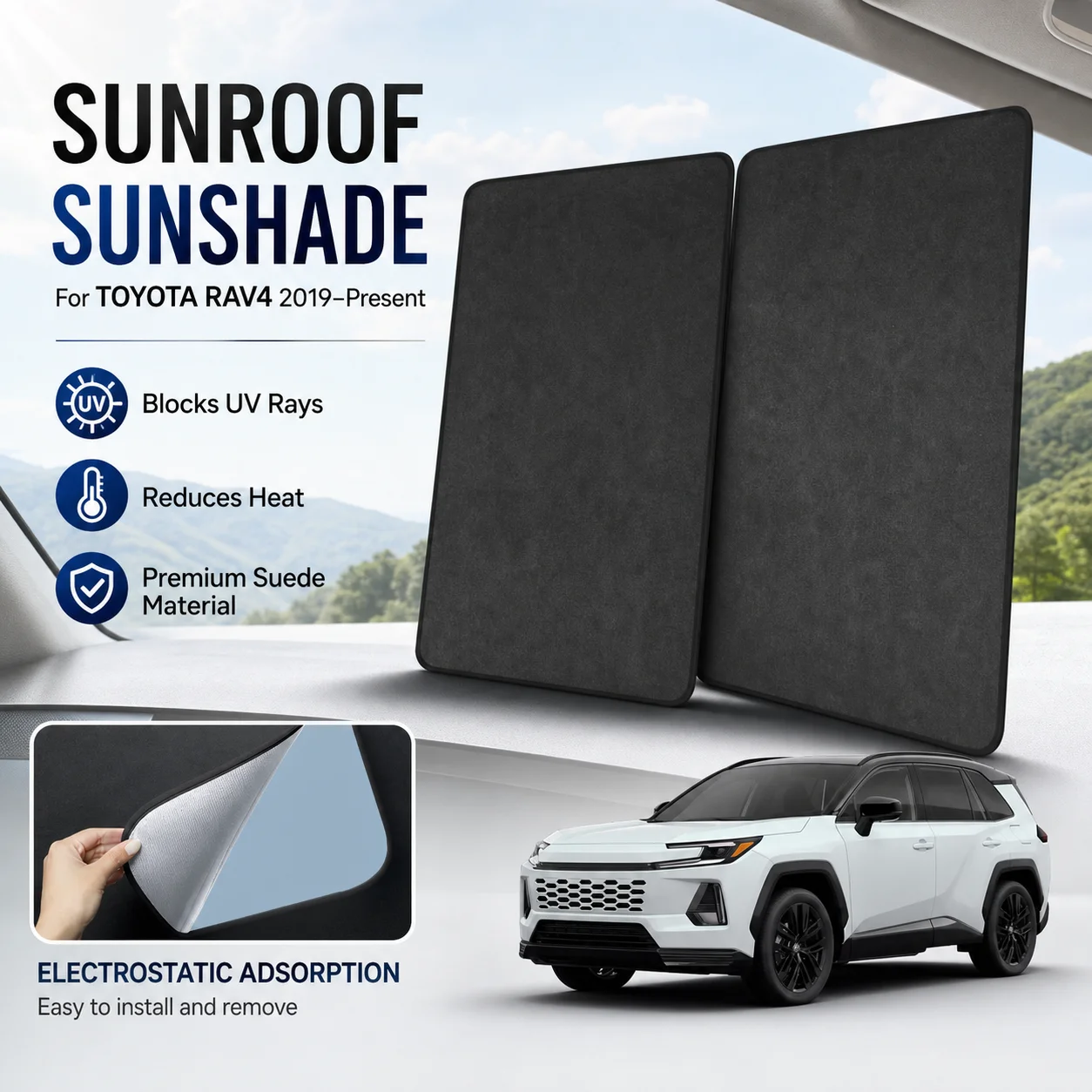 

Car Suede Fabric Electrostatic Adsorption Sunroof Sunshade For TOYOTA RAV4 2019-Present Auto Anti-UV Heat Insulation Skylight