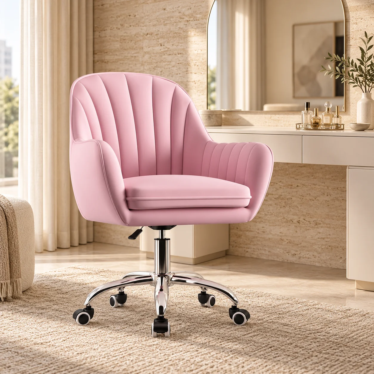 Adjustable Rotating Ergonomic Modern Style Velvet Fabric Lift Chair, Chrome Base Stainless Steel Frame Foldable Bedroom