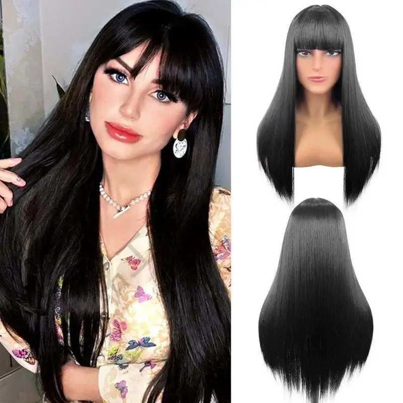 Black middle-parted long straight hair Halloween nightmare character women's synthetic wig with bangs