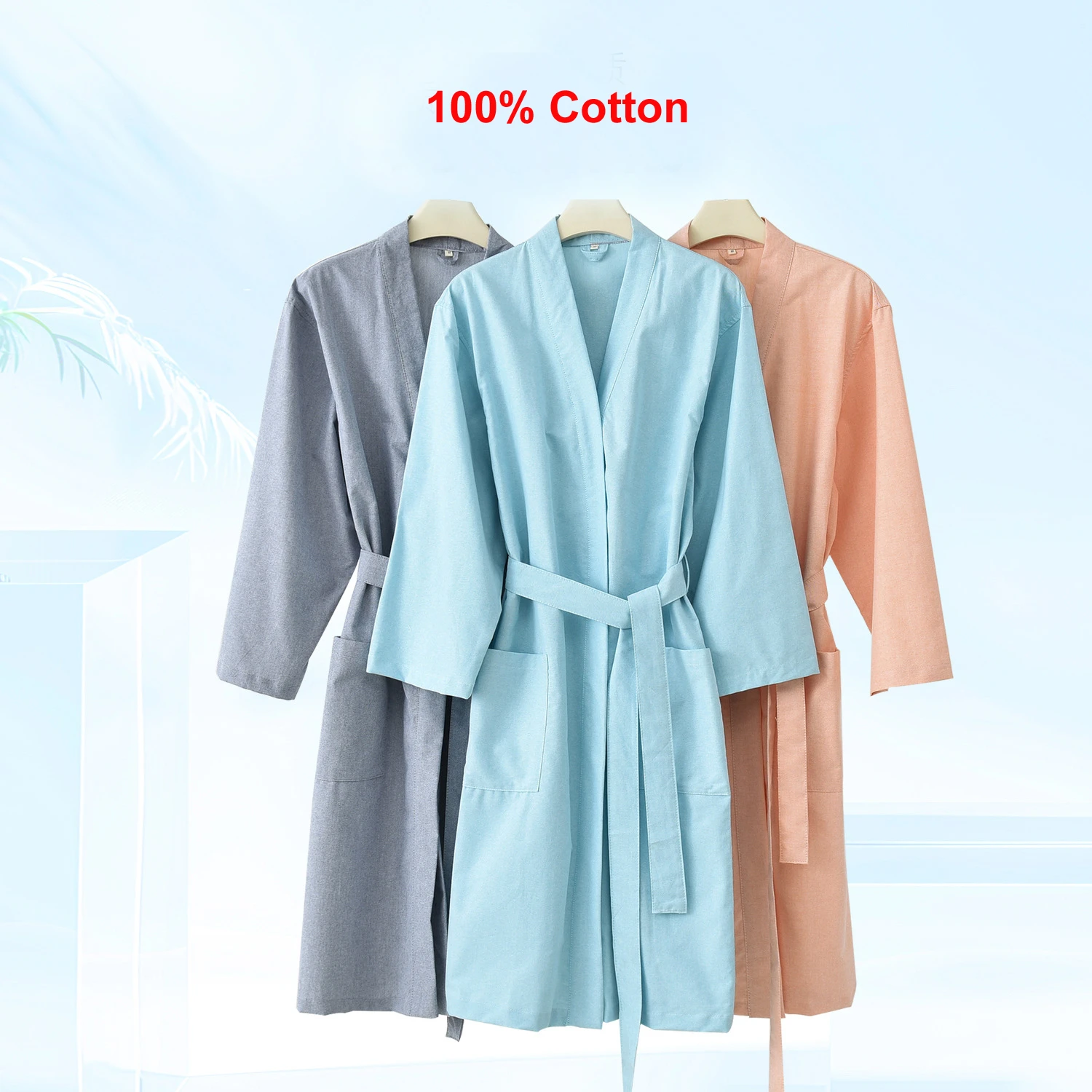 2025 New 100% Cotton Bathrobe Kimono Dressing Gown With Pocket Men And Women Sleepwear Nightwear Solid Color Hotel SPA Robe