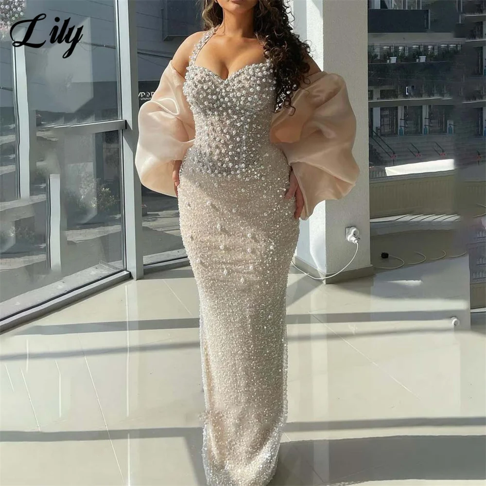 

Lily Ivory Sequin Party Dresses Halter Neck Detachable Sleeves Evening Dresses with Pearls فساتين السهرة Customized