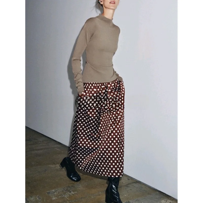 กระโปรงทรงเอเอวสูงความยาวปานกลาง ดีไซน์ใหม่สำหรับผู้หญิง ลายจุด ผ้าโพลีเอสเตอร์ แต่งลูกไม้ สไตล์ลำลอง ทรงเข้ารูป