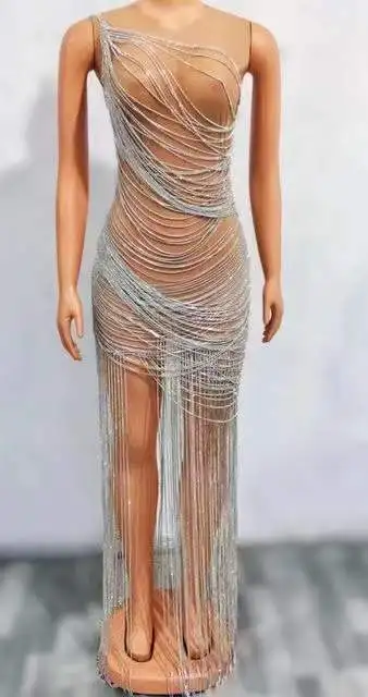 

See Through Dresses Evening Birthday Party Celebrate Outfit Costume Silver Crystals Chains Sleeveless Transparent Dress