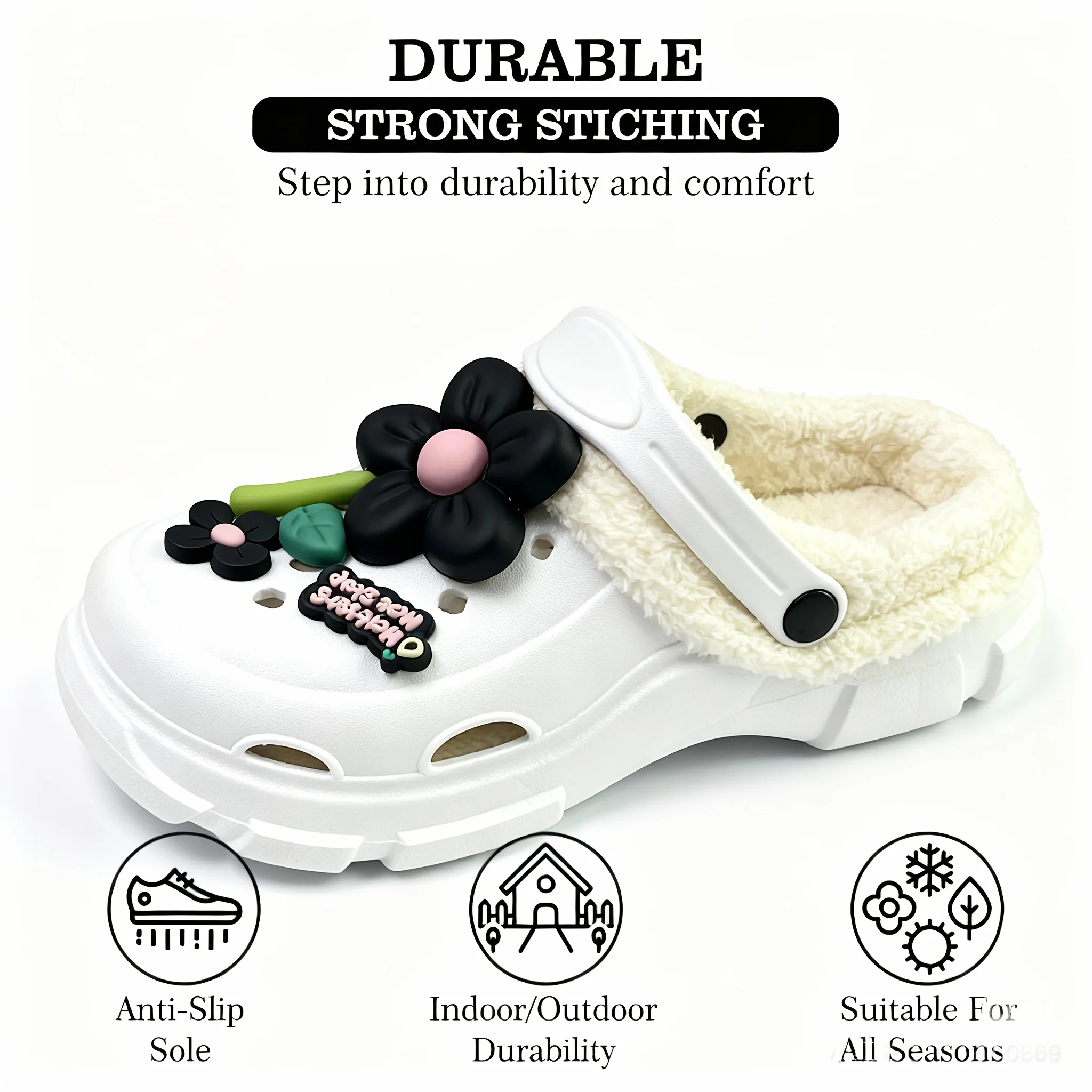 

Casual fleece-lined slippers with stylish flowers women thick and soft comfortable warm winter home shoes, non-slip soles