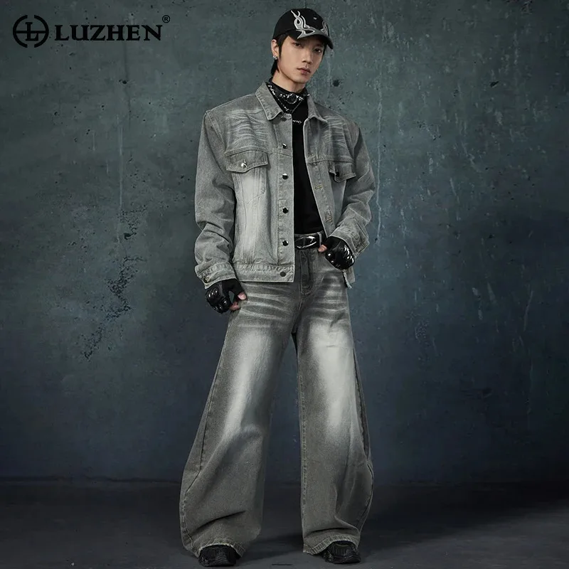 LUZHEN 2025 Streetwear Loose Wide Leg Vintage Wornout Jeans And Shoulder Pad Casual Denim Jacket Men's Original Clothes LZ8454