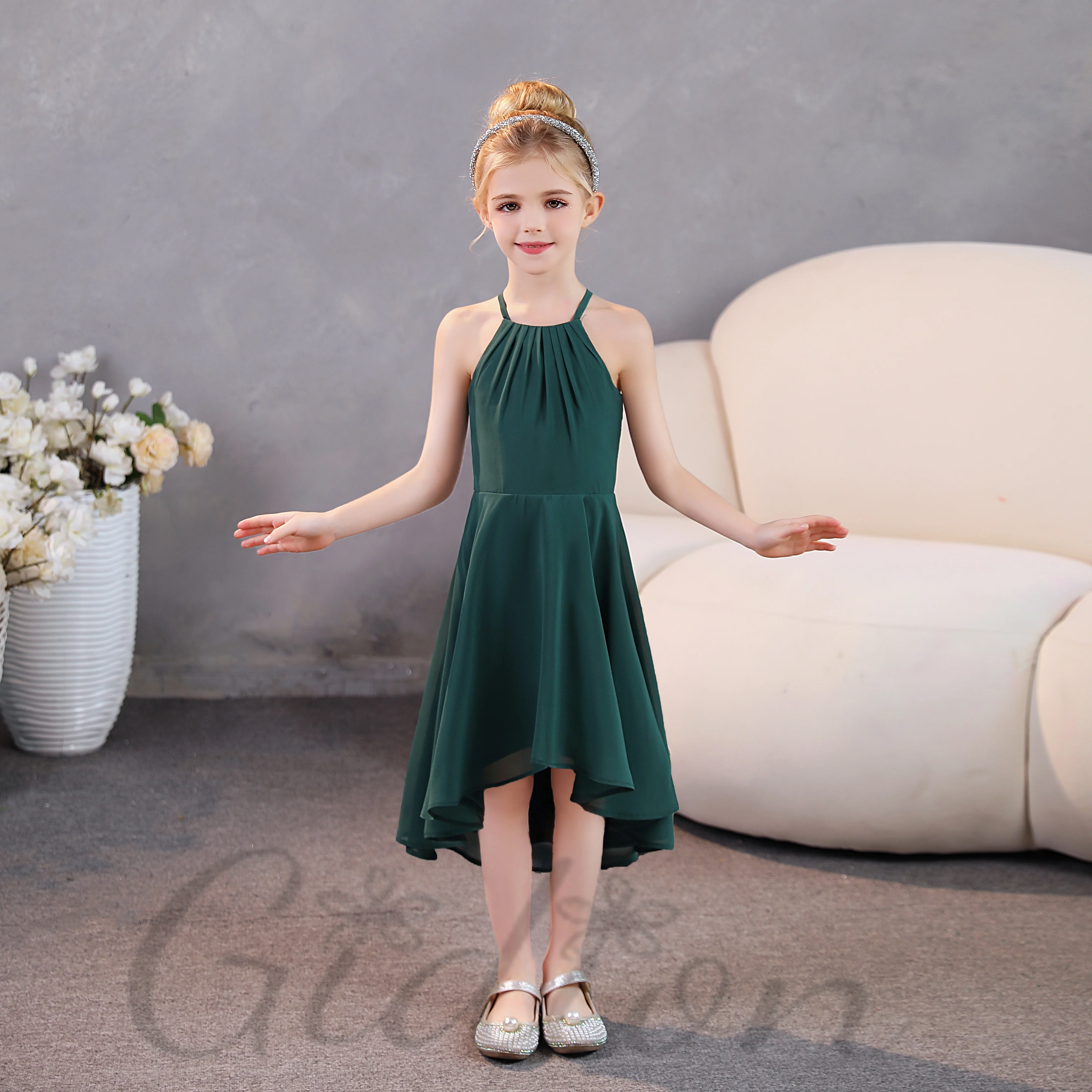 

Assymetrical Chiffon Junior Bridesmaid Dress For Children Wedding Show Celebration Ball Evening-Gown Birhtday Party Banquet