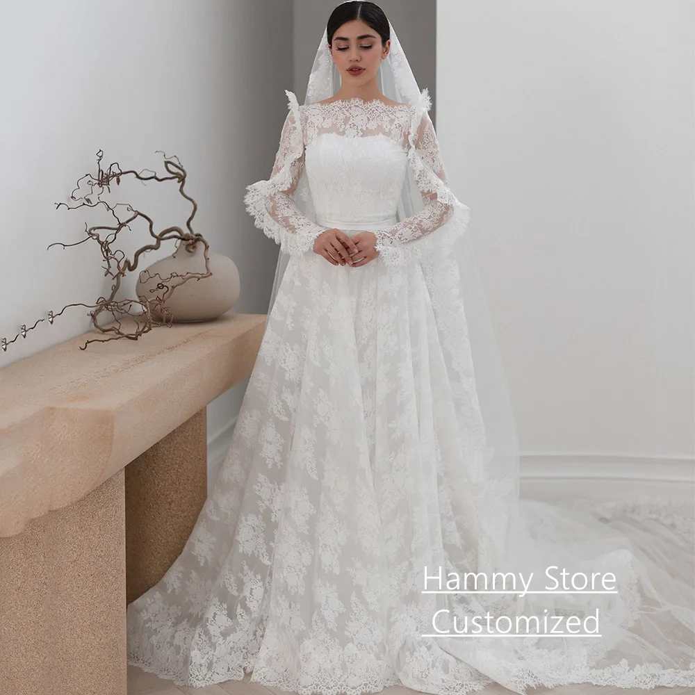 فستان زفاف دانتيل رائع فساتين العروس العربية مخصصة بأكمام طويلة ذيل محكمة رداء De Mariage فساتين الزفاف