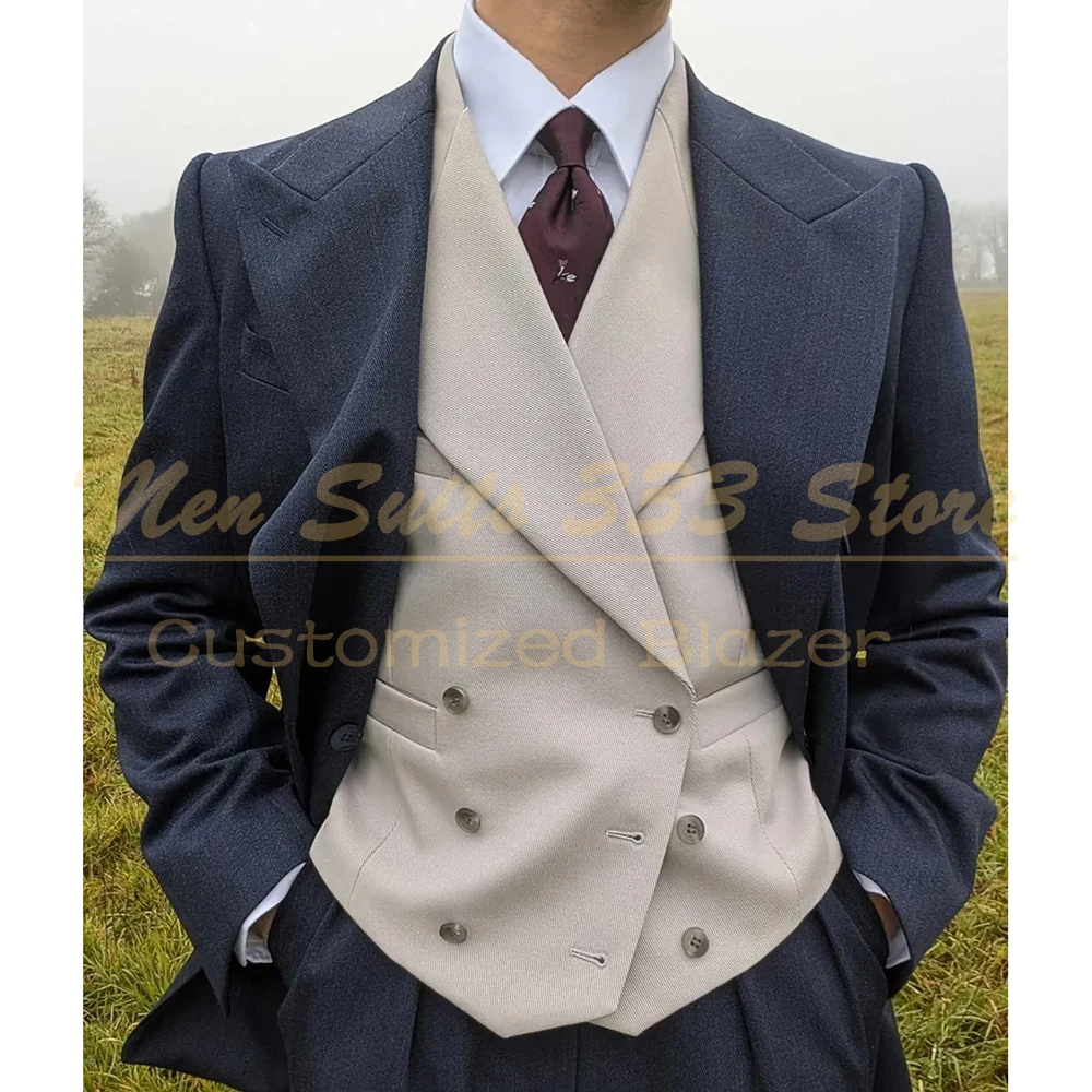 

Elegant Wedding Men's Suits 3 Piece Jacket Pants Vest Customzied Single Breasted Peak Lapel Full Sets Formal Lining Male Outfits