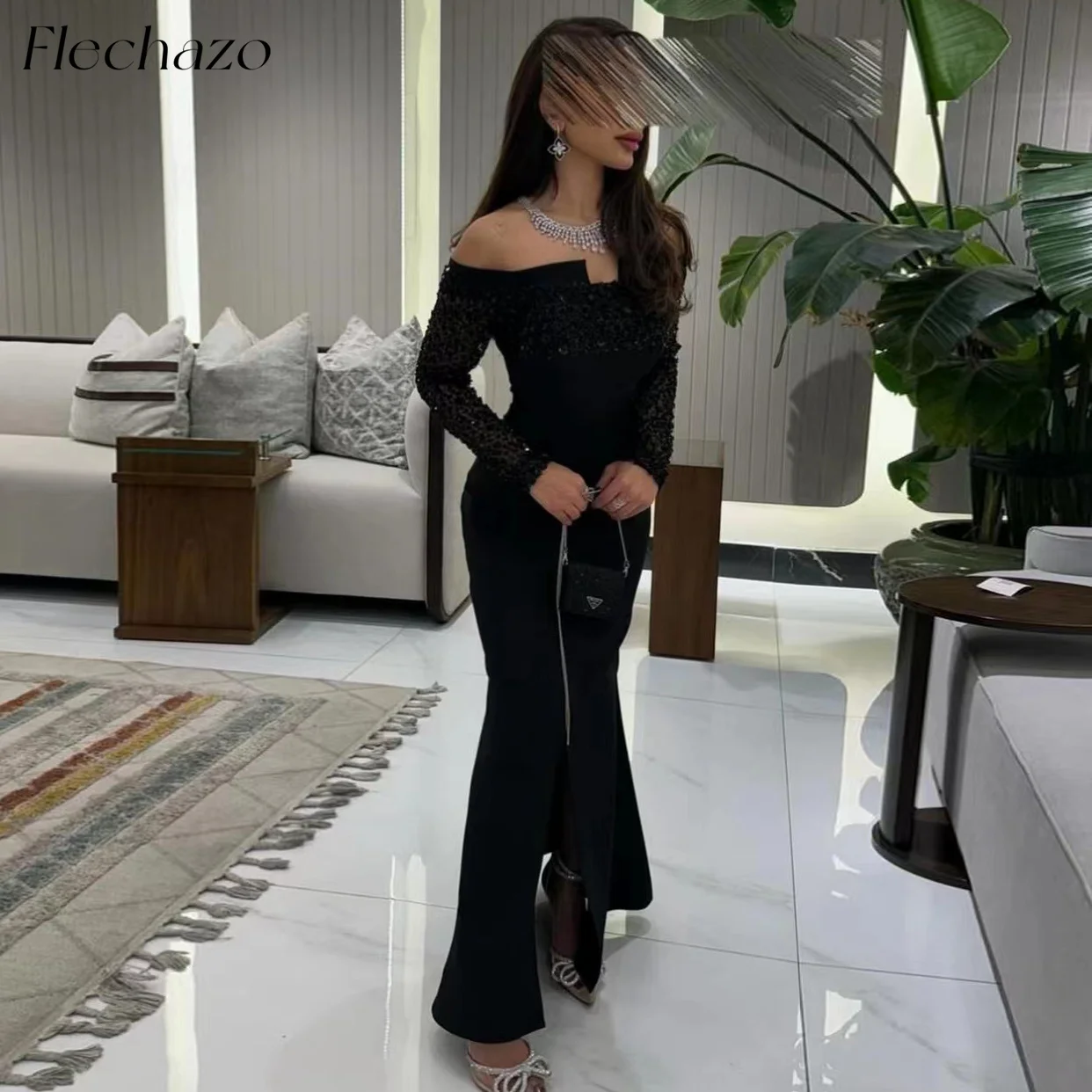 Flechazo Black Evening Dresses Sequin Off Shoulder Mermaid Slit Elgeant Party Occasion Dress For Women 2024 فساتين السهرة