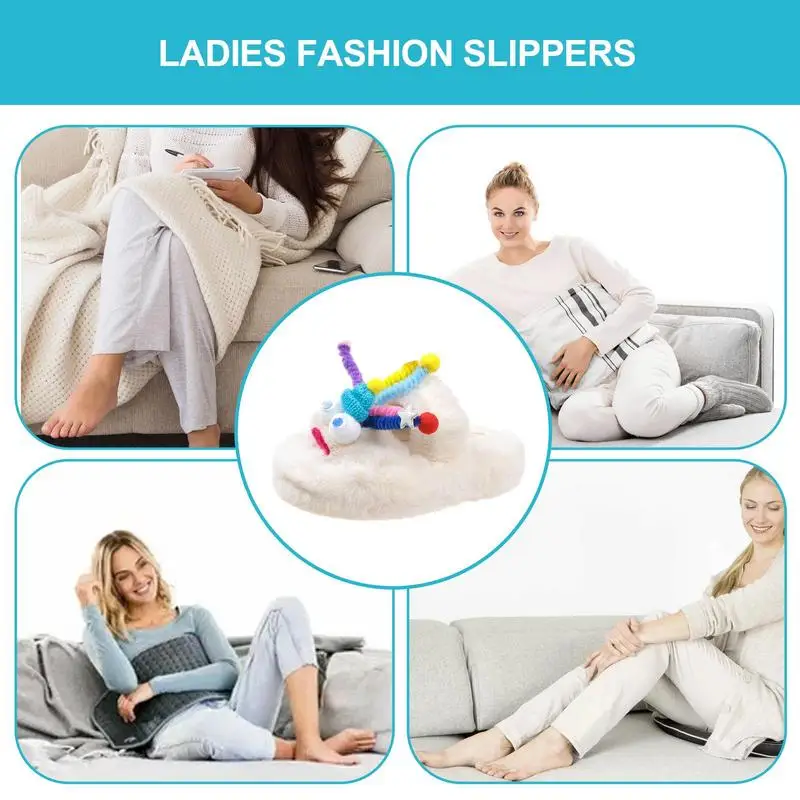 Cute Furry Slippers Colorful Big Eye Doll Design Fuzzy Fluffy Winter Slippers For Women Indoor Cute Plush Non Slip Fuzzy Slipper image 5