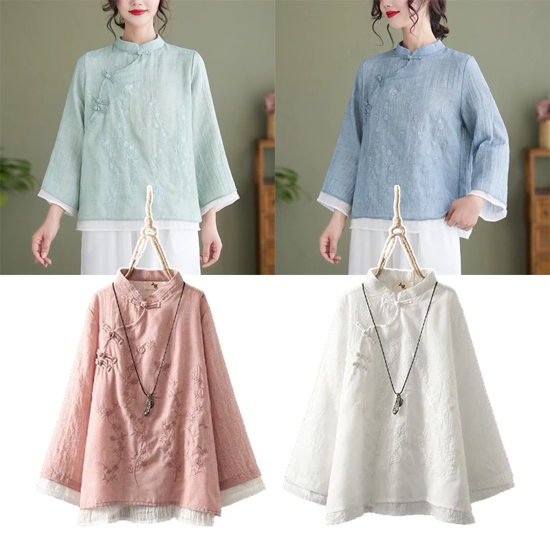 Women Chinese Style Embroidery Shirts Traditional Temper Aesthetics Blouse Vintage Hanfu Zen Tea Tops Chic T-shirt