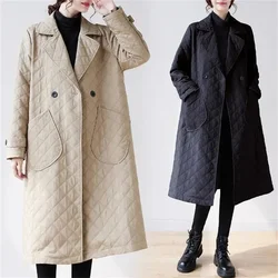 Manteau à Carreaux en Diamant pour Femme, Parka Longue, Slim, Polyvalente, Élégante, en Coton, à la Mode, Nouvelle Collection Automne Hiver