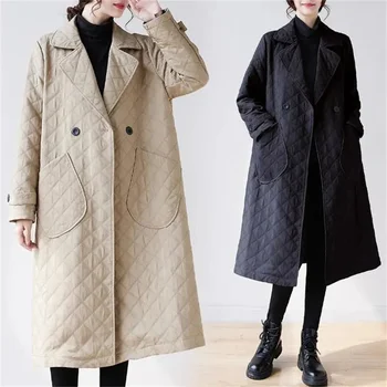 Elegante cappotto scozzese con diamanti Parka lungo versatile sottile da donna Autunno Inverno Nuovo cappotto in cotone tinta unita Parka moda kaki