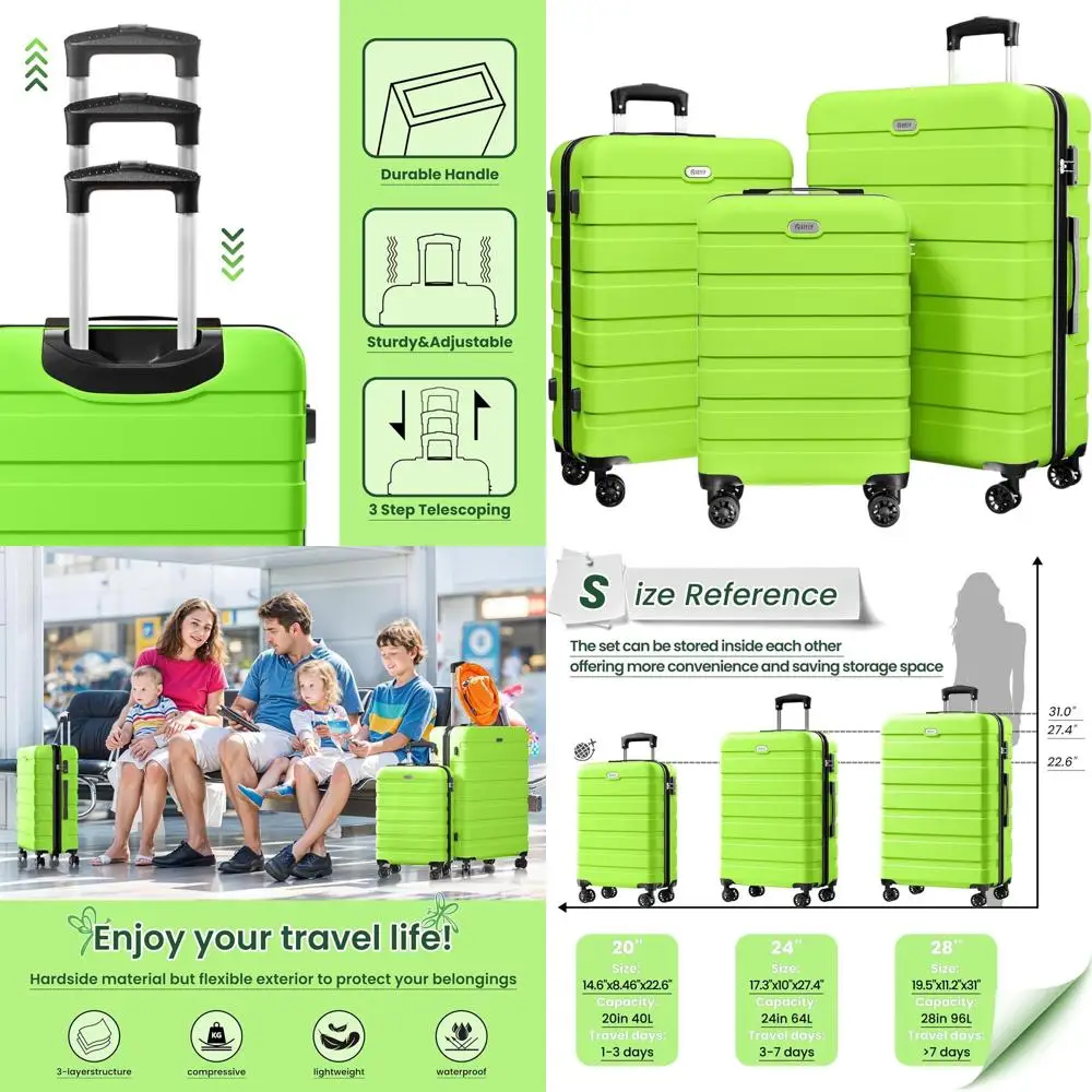 

3-Piece Hardshell Suitcase Set with 4 Spinner Wheels, TSA Lock, 20, 24, 28 in Apple Green