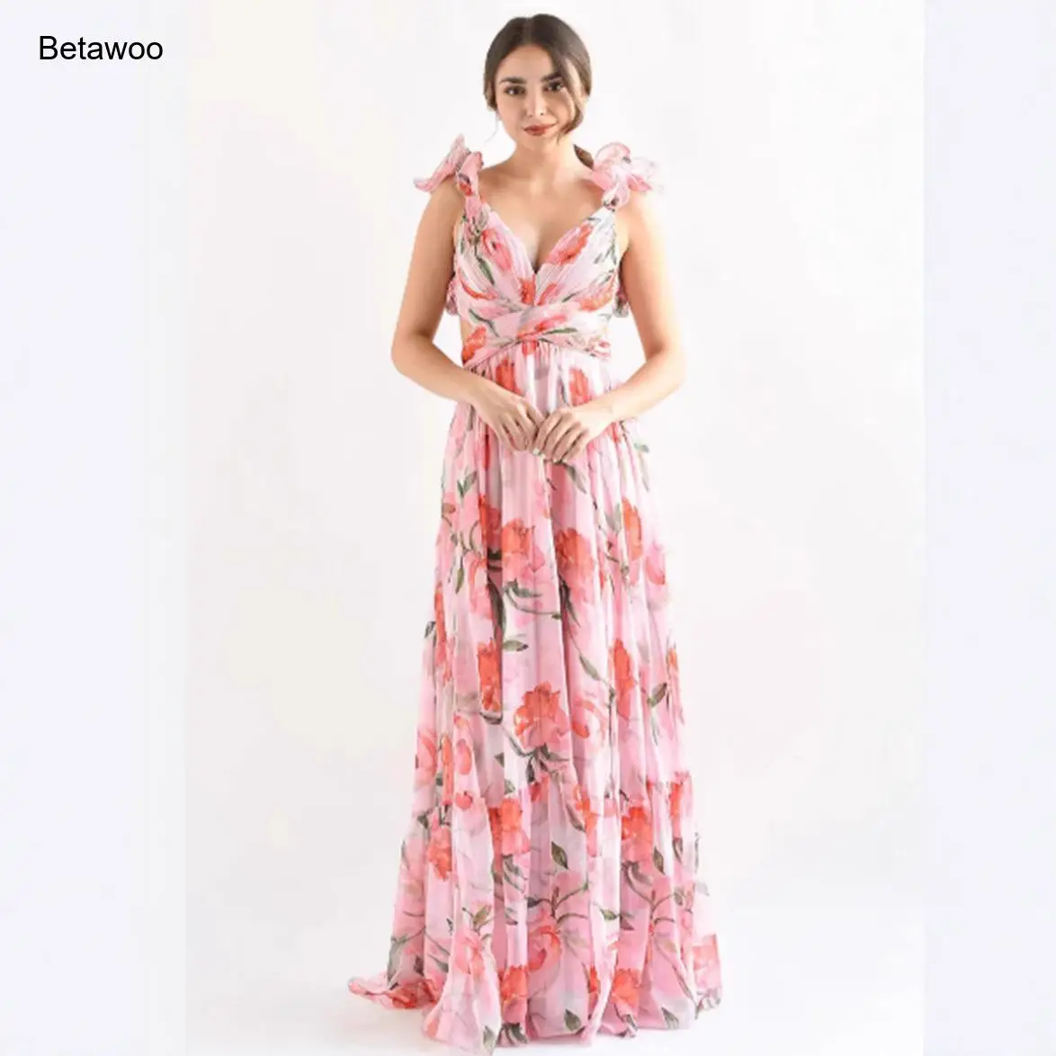 Damen-Maxikleid aus Chiffon mit rosa Blumenmuster, V-Ausschnitt, Rüschenriemen, A-Linie, formelles Partykleid