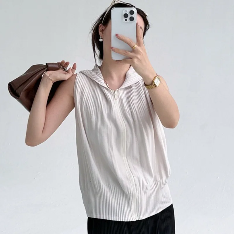 ミヤケ フード付き クロップド ノースリーブ ジッパー カーディガン プリーツ オーバーサイズ ベスト レイヤリング 多用途 着痩せ タンクトップ レディース アウター