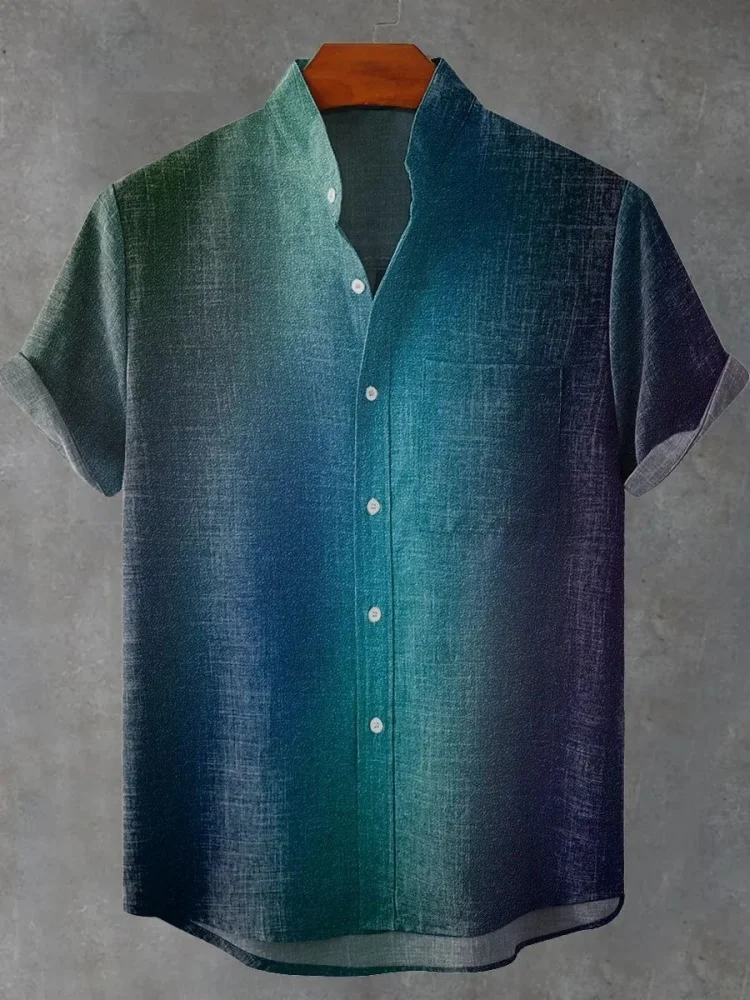 

Мужская повседневная рубашка с градиентным принтом и коротким рукавом с воротником-стойкой для лета, новая однобортная офисная мужская туника для поездок на работу, топ