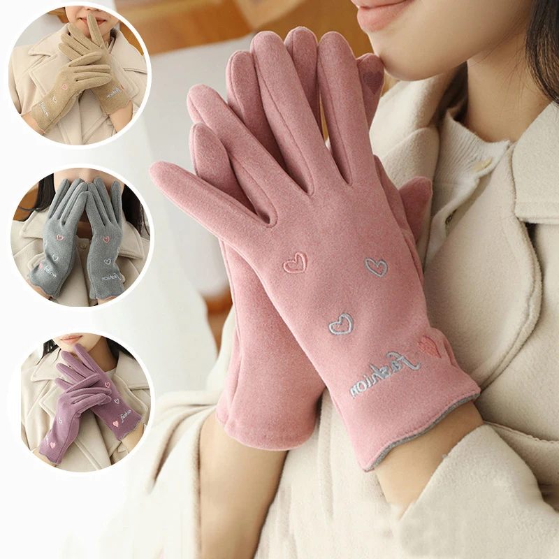 Guantes con bordado de corazón de dibujos animados para mujer, manoplas gruesas y cálidas para ciclismo, a la moda, para chica, estudiantes, pantalla táctil, invierno, T182