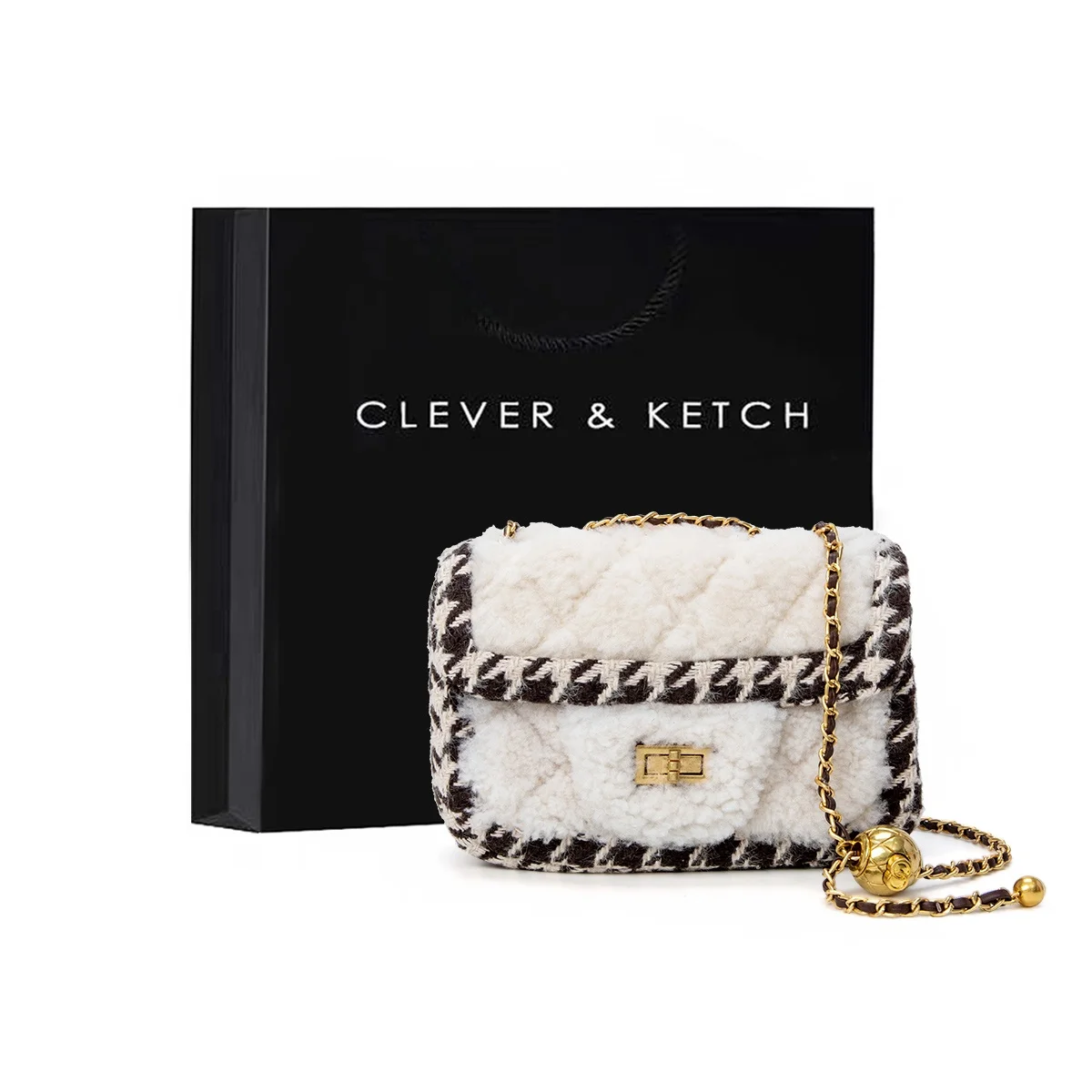 

Новогодний подарок 2025: Сумка-кроссбоди CleverKetch Fluffy Chain для телефона, маленькая квадратная сумка с геометрическим узором в британском стиле