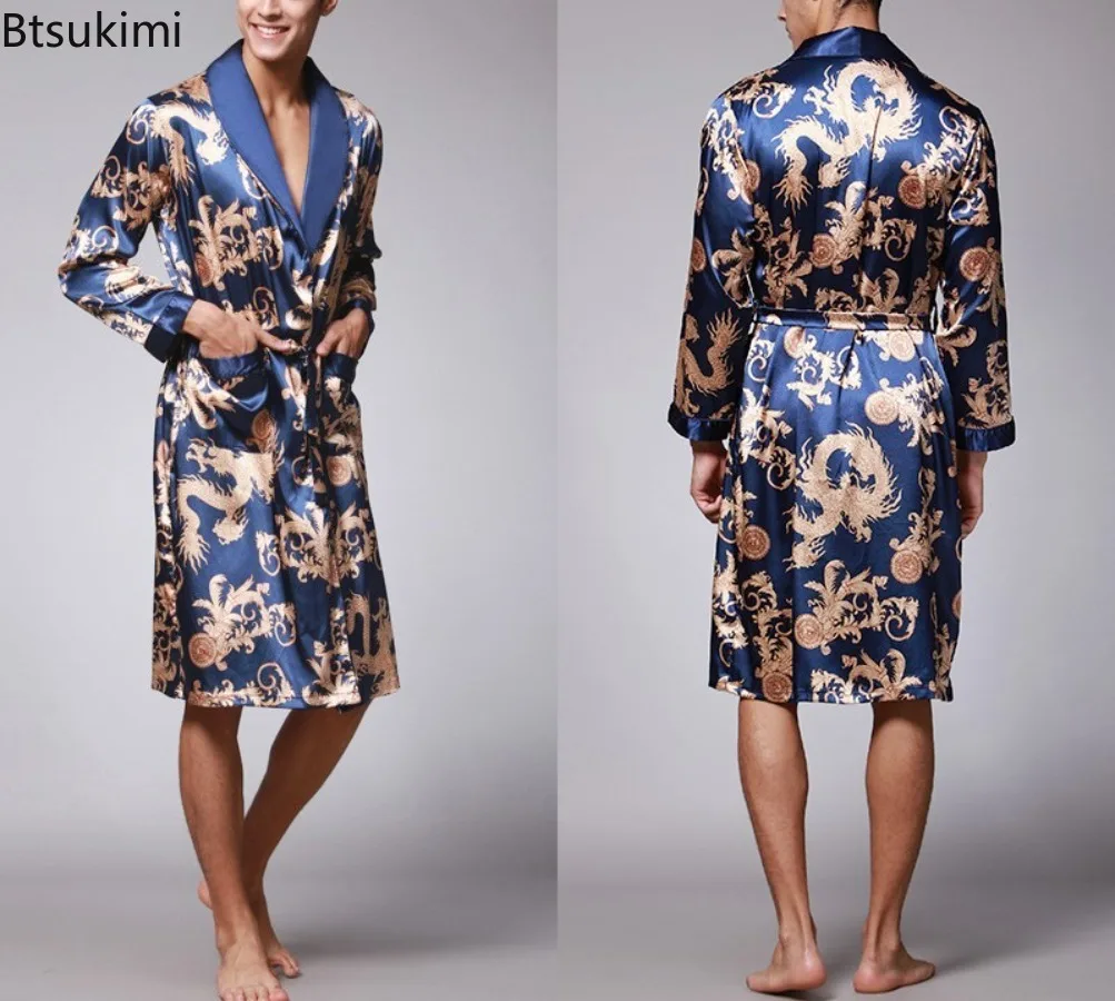 2026 Men Summer Long Sleeved Bathrobes Silk Satin Golden Dragon Long Bathrobe Dressing Gown Knee Length Home Clothes Sleepwear