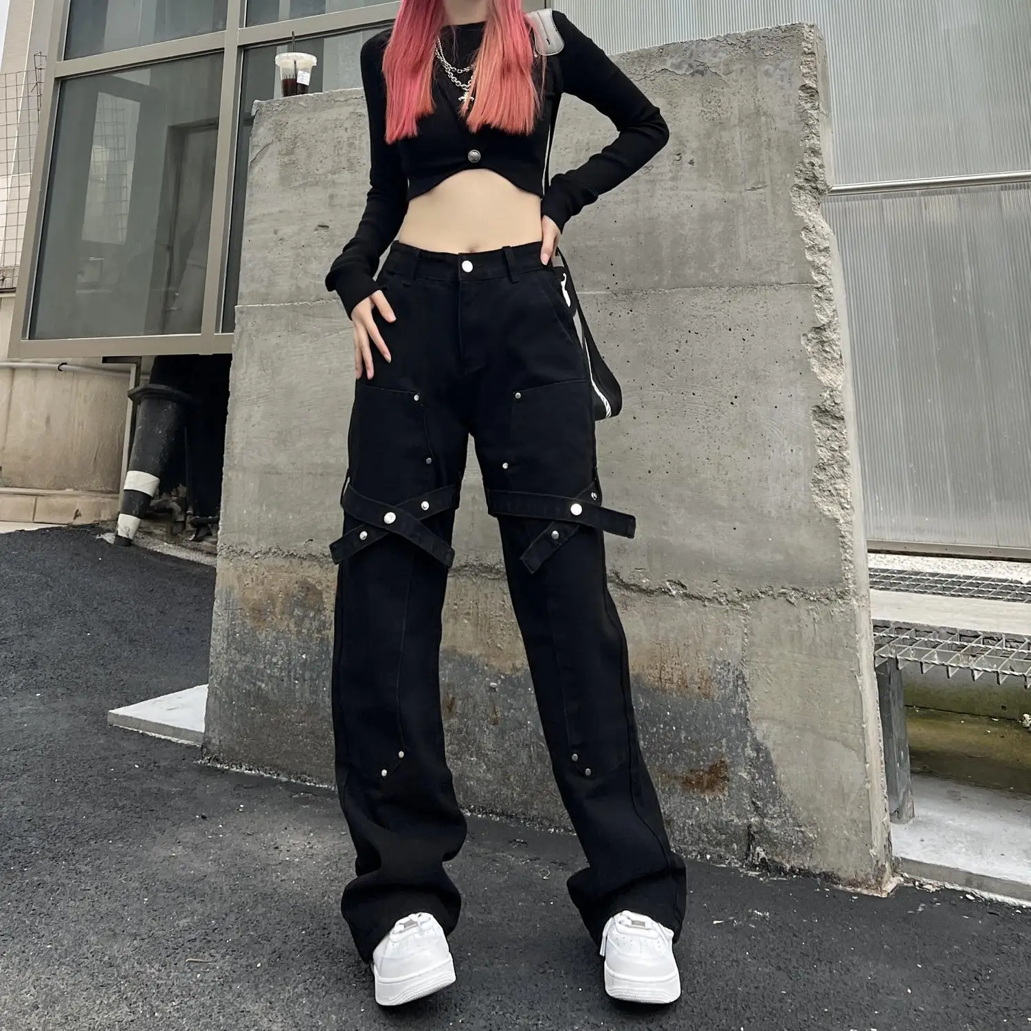 

Patchwork Ribbon Hem Cargo Pants Button Up Black Straight Hippie Wide Leg Pants Casual Loose Trousers Korean Casual Pants A53