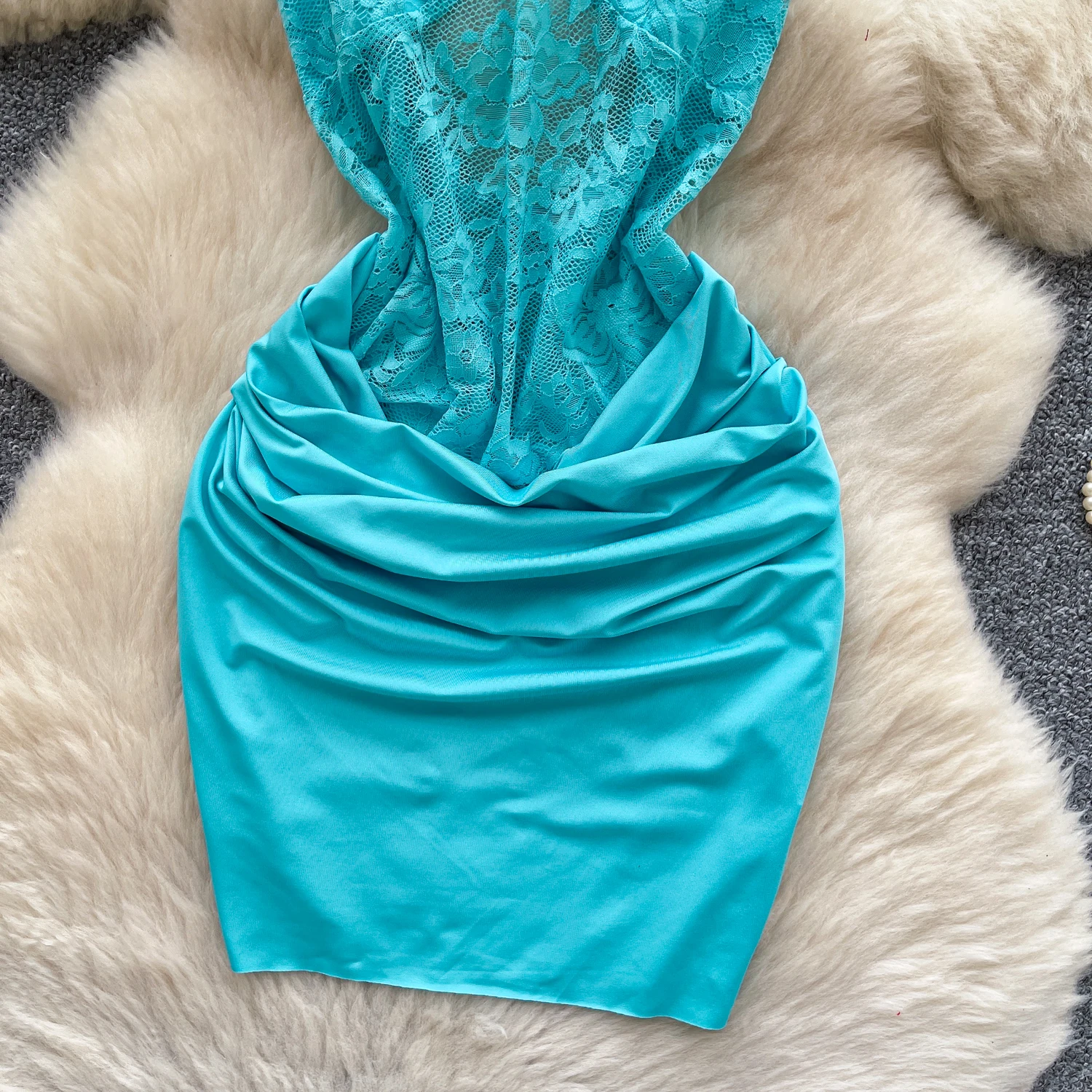 Sexy sem costas emendado renda cintura alta vestido plissado vestidos de verão feminino festa à noite mini vestido