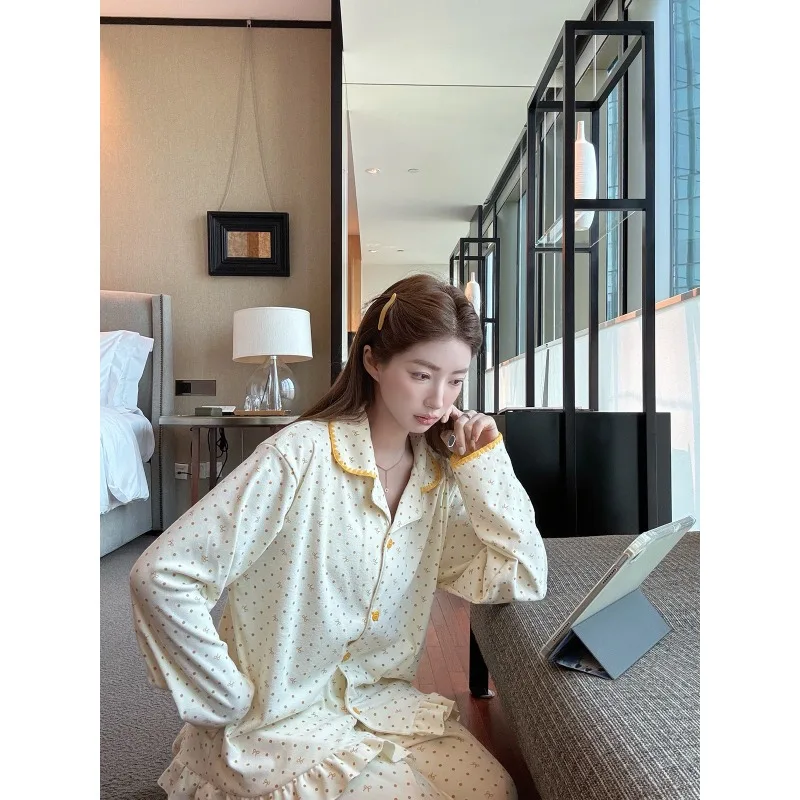 Women Autumn Polka Dot Casual Pajamas Long-Sleeve Warm Homewear Student Girls Woman Casual Home Outfit Set Loose Lady Pajama Set