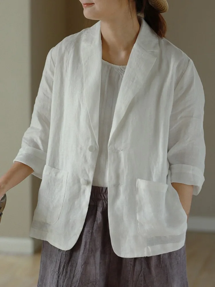 Casual Loose Women's Linen Suit Jacket Small Outerwear Pure Color Cotton Linen Top Open Front Style Spring Season Fashion