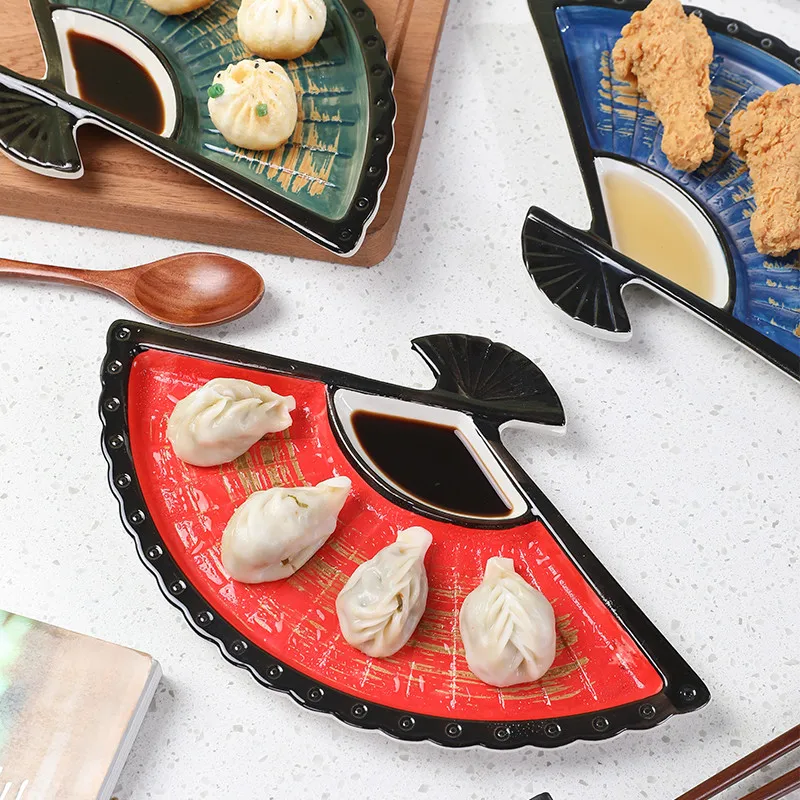 Dumpling plate with vinegar dish creative ceramic partition hand-painted sushi fan-shaped snack plate tray